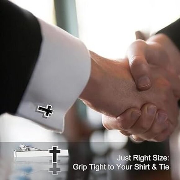 Cross Tie Clip with Cuff Links Set Stainless Steel with Black Cross - Picture 4 of 5